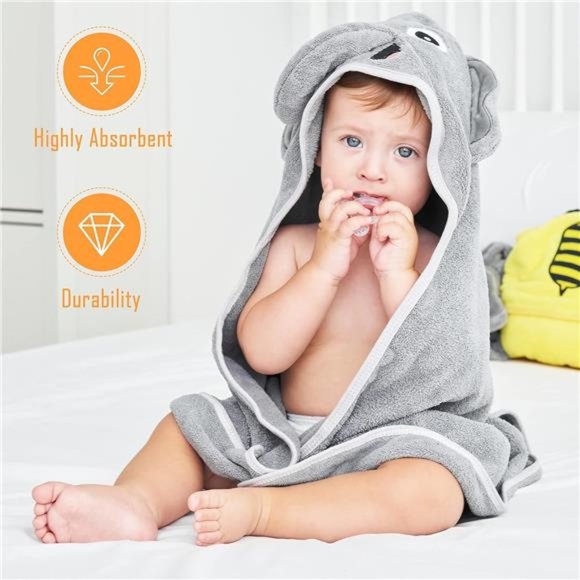 NEW 2 Baby Bath Hooded Towels and 8 Washcloths - Yellow Bee and Grey Elephant - Picture 5 of 7